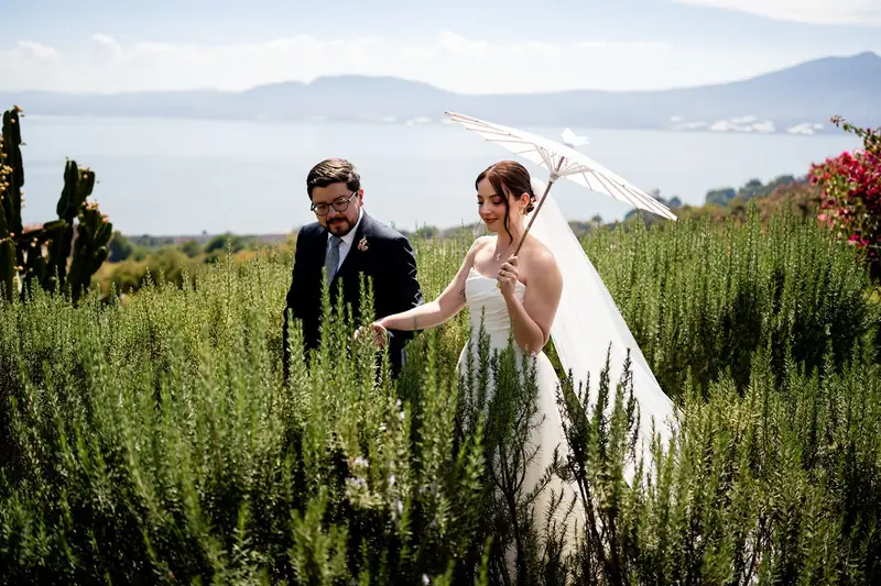 Novios con sombrilla en un campo de romero frente al Lago de Chapala, en Chapinaya, Ajijic